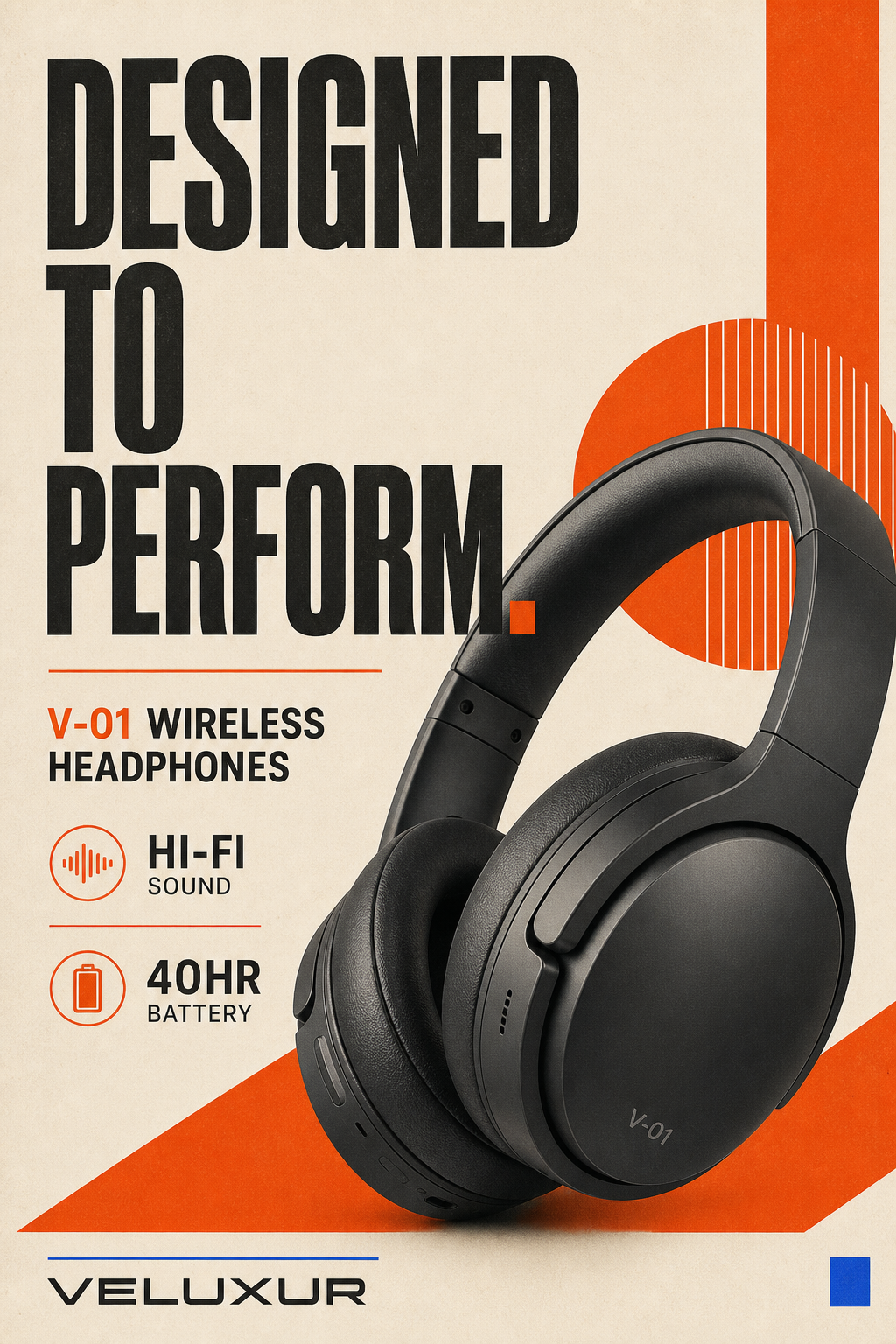 Veluxur V-01 retro product poster in orange and cream